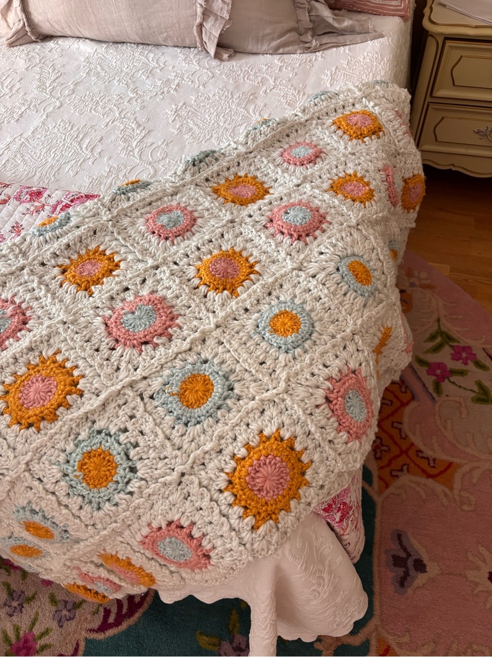 Shabby Chic Crochet Throw Blanket in Cream, Pink, Mustard & Light Blue